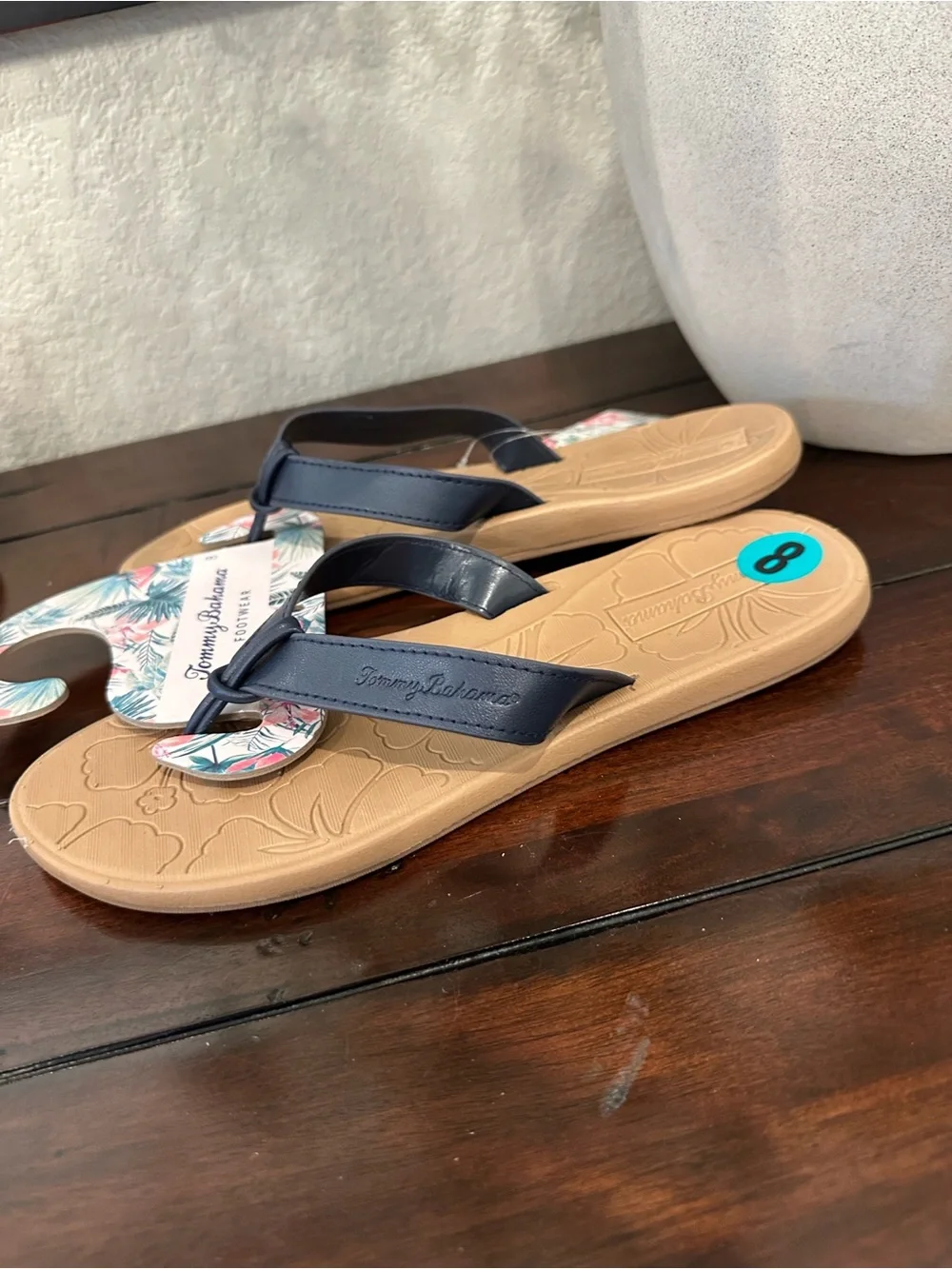 Tommy Bahama Navy Strap Tan Footbed Floral-Embossed Flip Flops